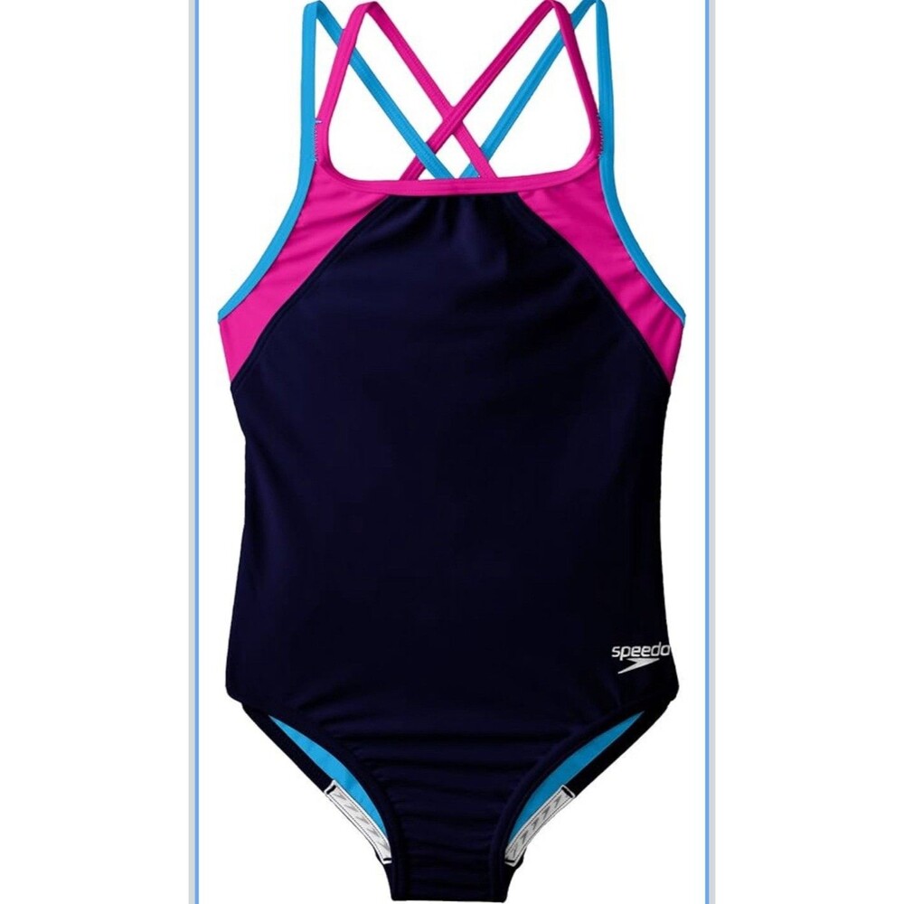 Speedo Cross Back One Piece Competitive Swimwear Navy Pink Blue Size 12
